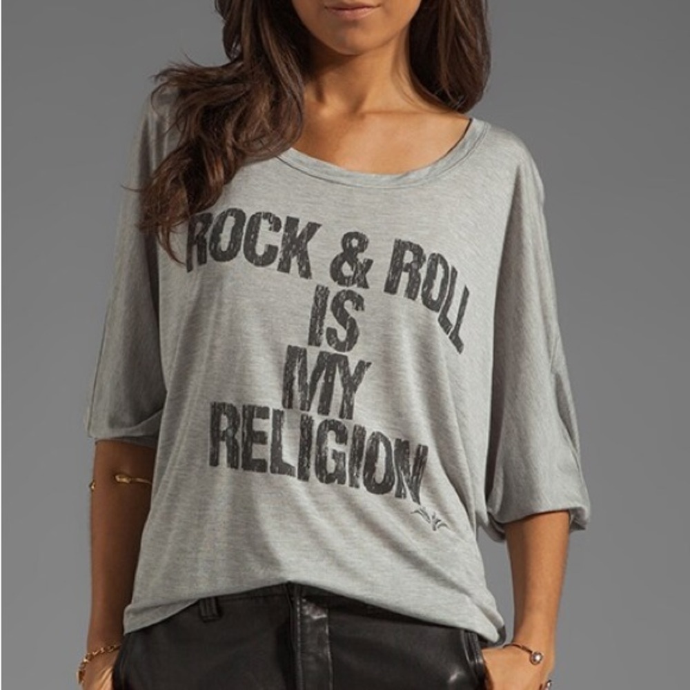 Haute Hippie Gray Rhinestone Rock & Roll is My Religion Surplus Sleeve Tee | M - Picture 2 of 14